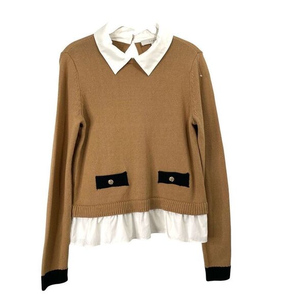 Loft Poplin Layered Mixed Media Sweater Size S neutral tan white - Picture 3 of 11